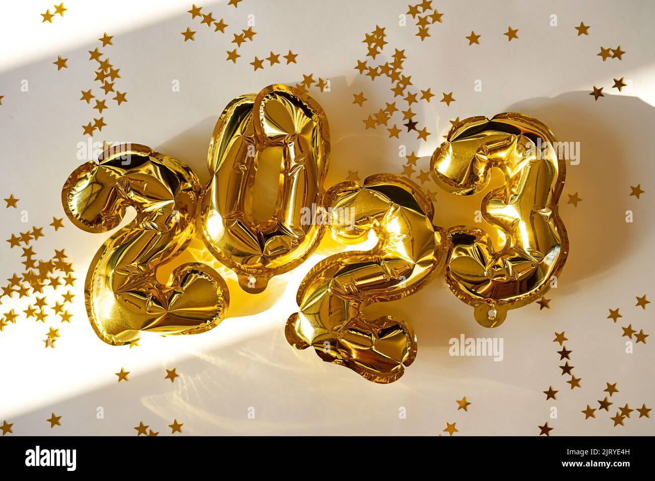 2023 number made from foil golden balloons. New year concept. Stock Photo