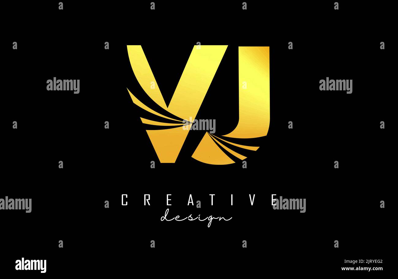 Creative golden letter Vj v j logo with leading lines and road concept