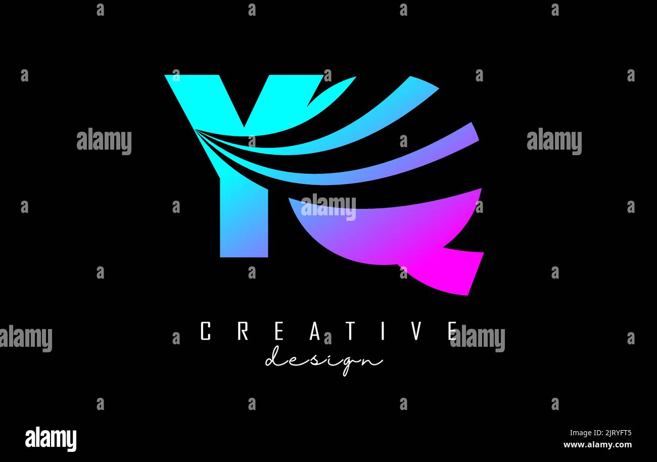 Creative colorful pink and blue letter YQ y q logo with leading lines ...