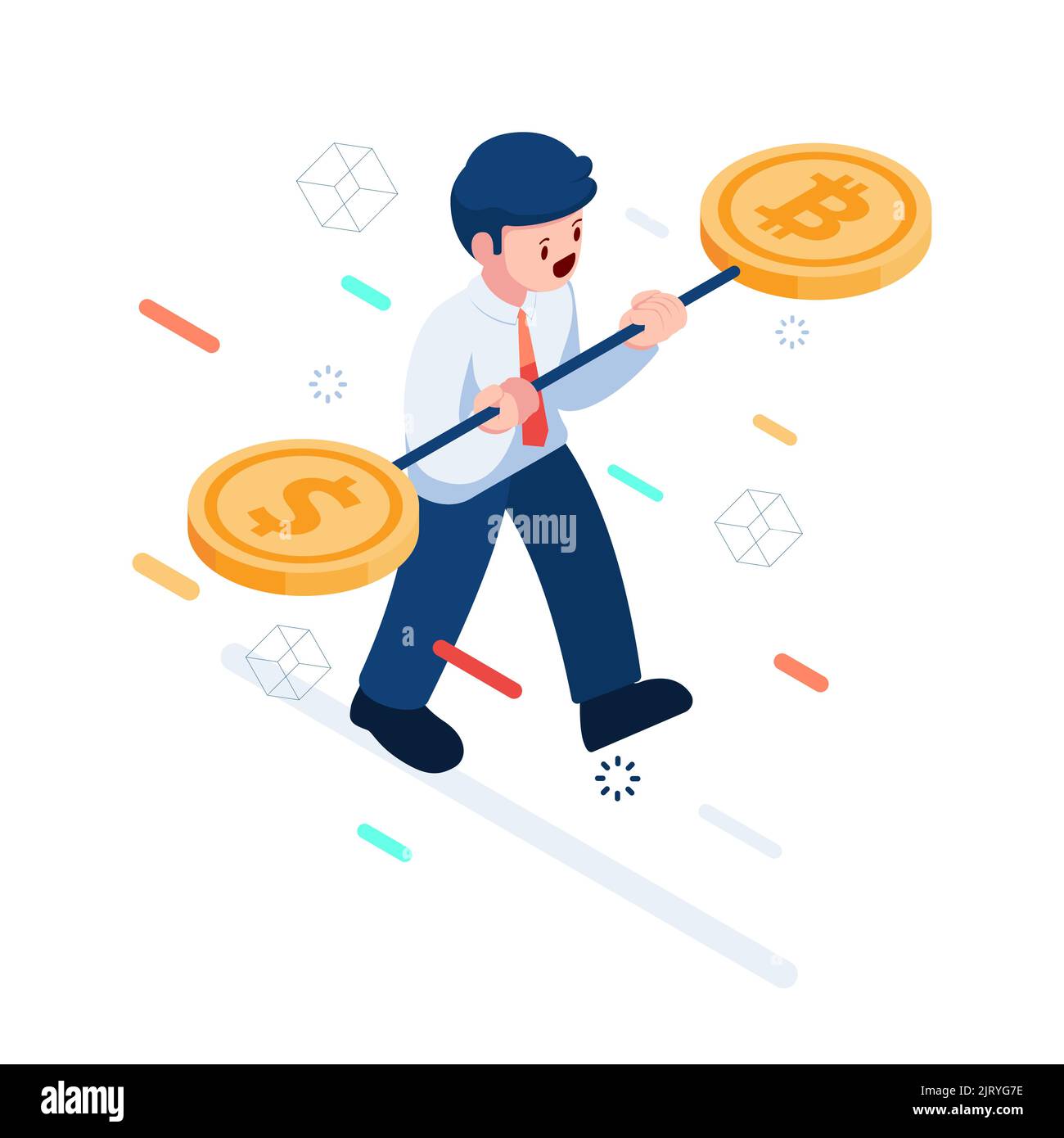 Flat 3d Isometric Businessman Trying to Balance Dollar and Bitcoin. Usd Stablecoin and Cryptocurrency Concept Stock Vector