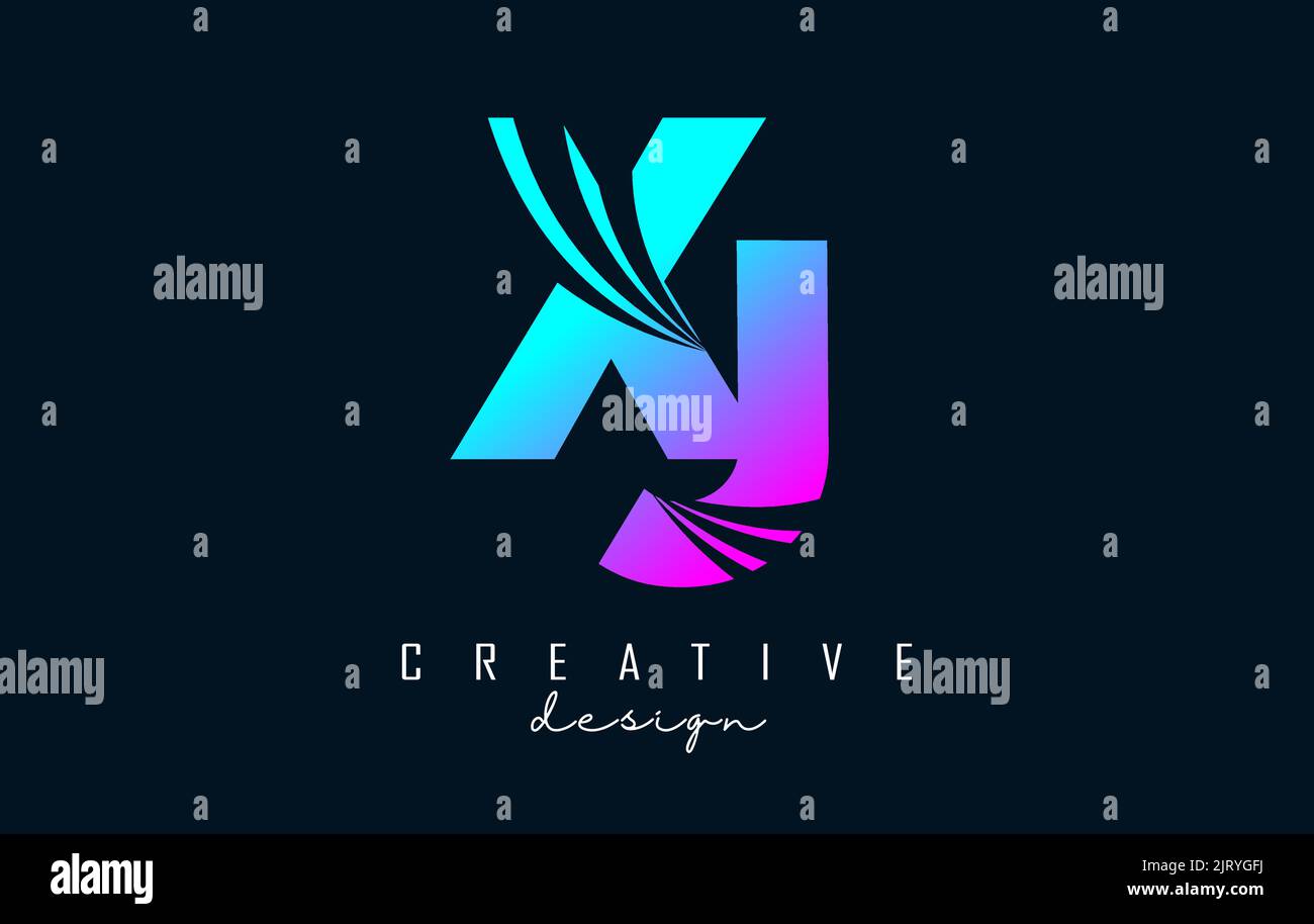 Creative colorful pink and blue letter XJ x j logo with leading lines ...