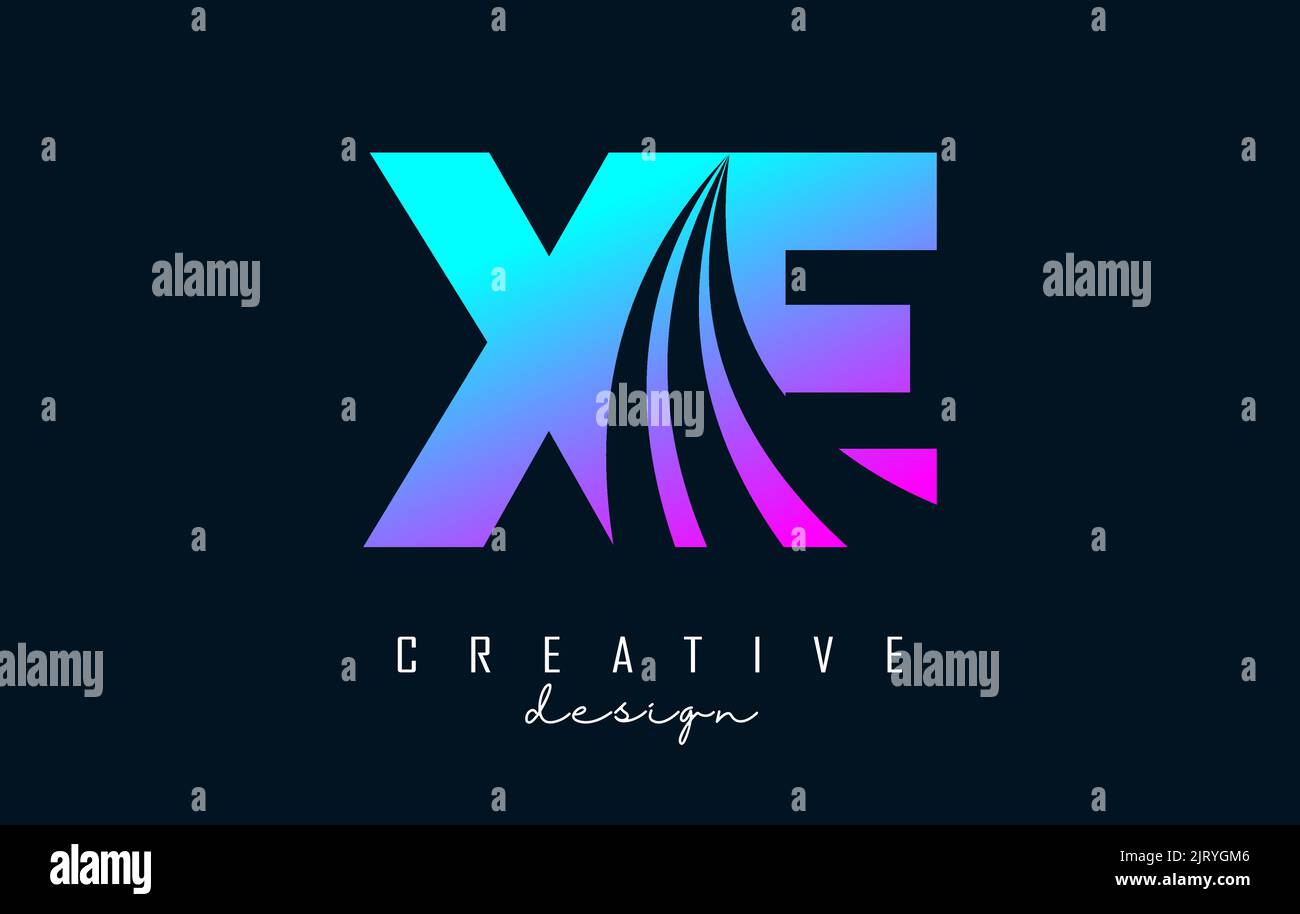 Creative colorful pink and blue letter XE x e logo with leading lines ...