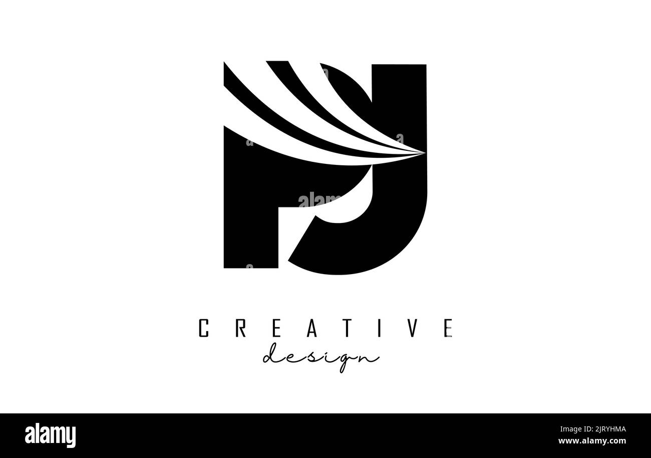 Creative black letter Pj p j logo with leading lines and road concept