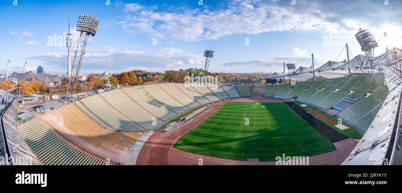 View over Olympic Stadium with football field, panorama with Olympic