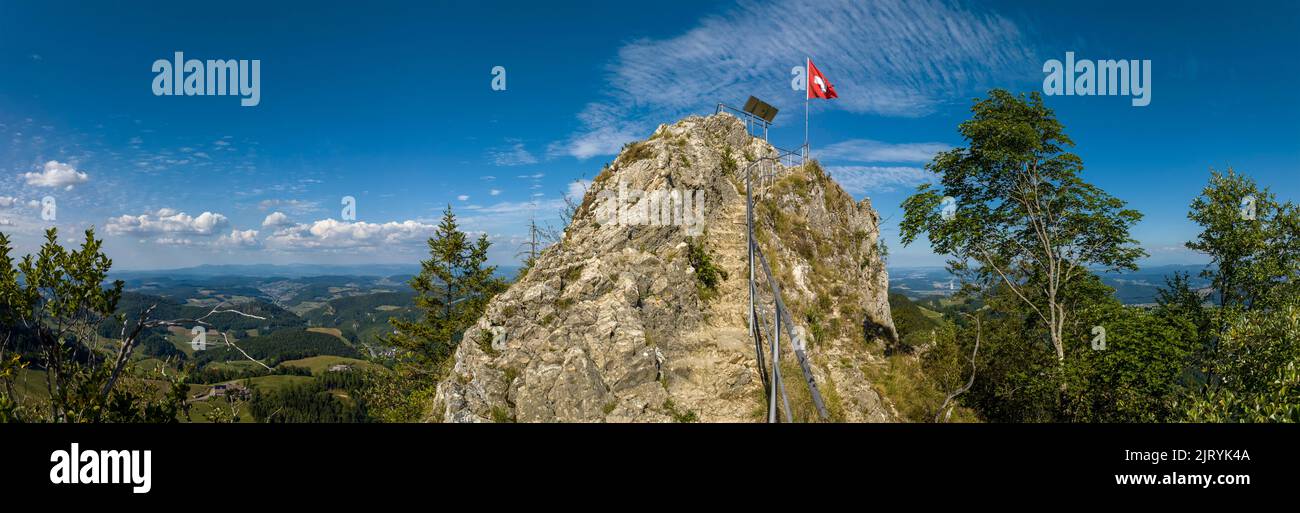 Belchenflueh with Swiss flag, aerial view, Solothurn, Switzerland Stock Photo