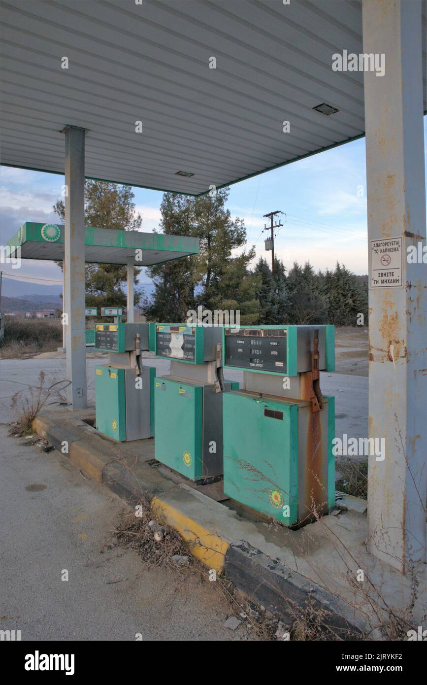 A closed and abandoned BP gas station in Arnissa, Pella, Greece Stock Photo Alamy