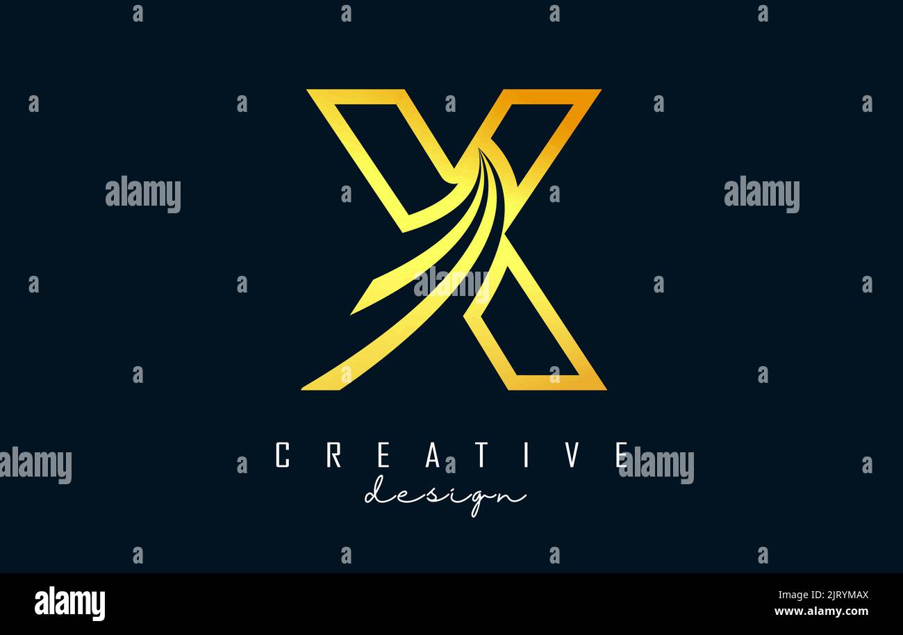 Golden Outline Creative letter X logo with leading lines and road ...