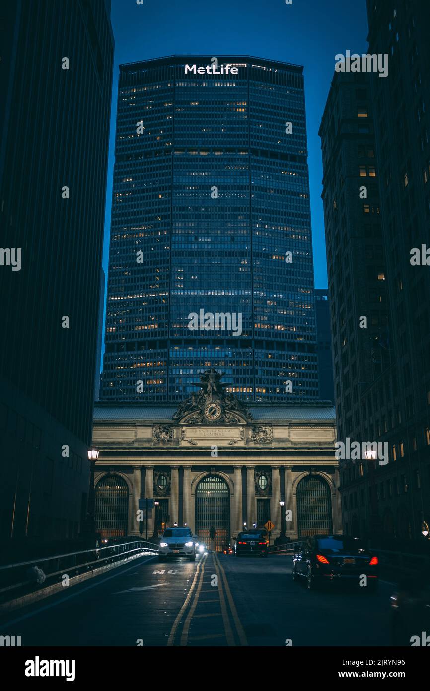 Modern buildings surrounding Grand Central Terminal at night, in