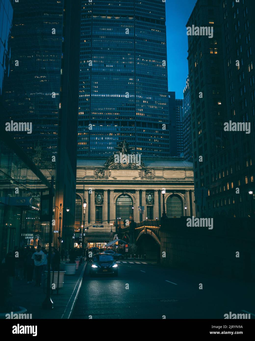 Modern buildings surrounding Grand Central Terminal at night, in