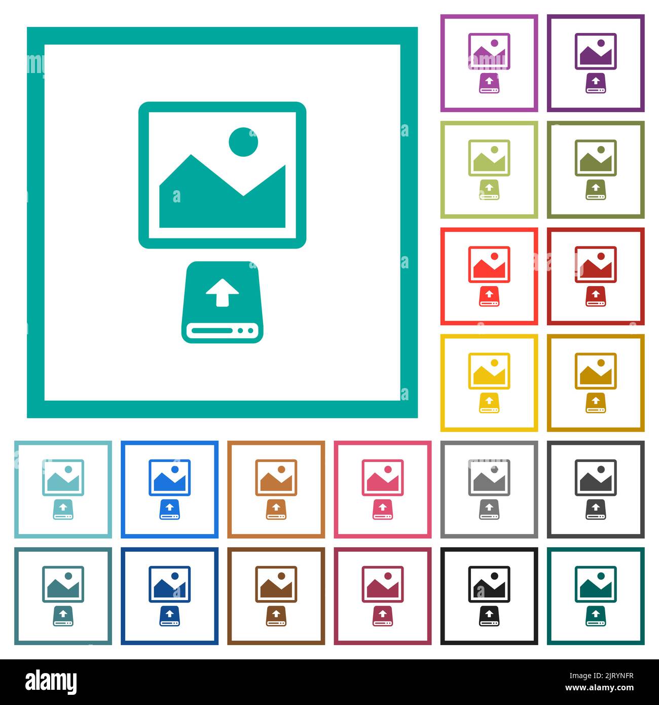Upload image from hard disk flat color icons with quadrant frames on white background Stock Vector