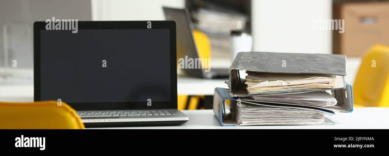 Empty workplace folders with documents in office on table closeup Stock Photo