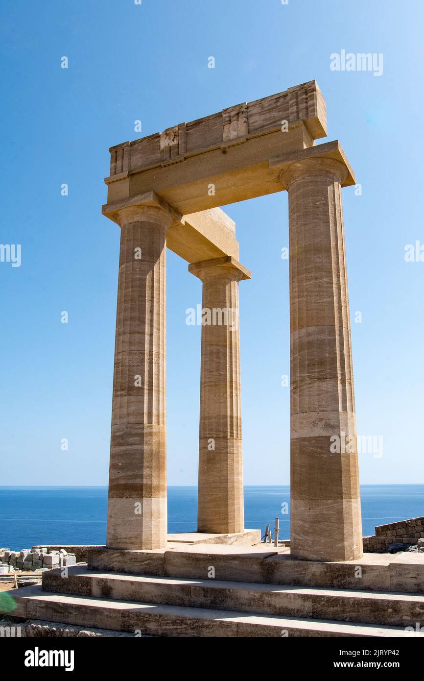 Temple of Athena Lindia in the Acropolis of Lindos Stock Photo