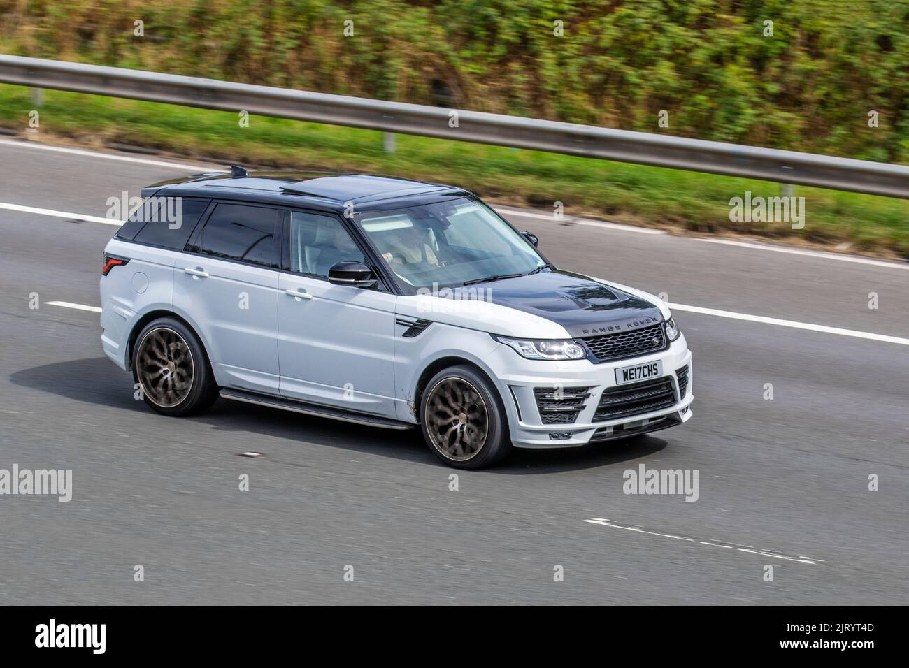 2017 white black LAND ROVER RANGE ROVER SPORT SDV6 HSE   SDV6 306 Commandshift 2993 cc 8 speed automatic; travelling on the M6 motorway, UK Stock Photo