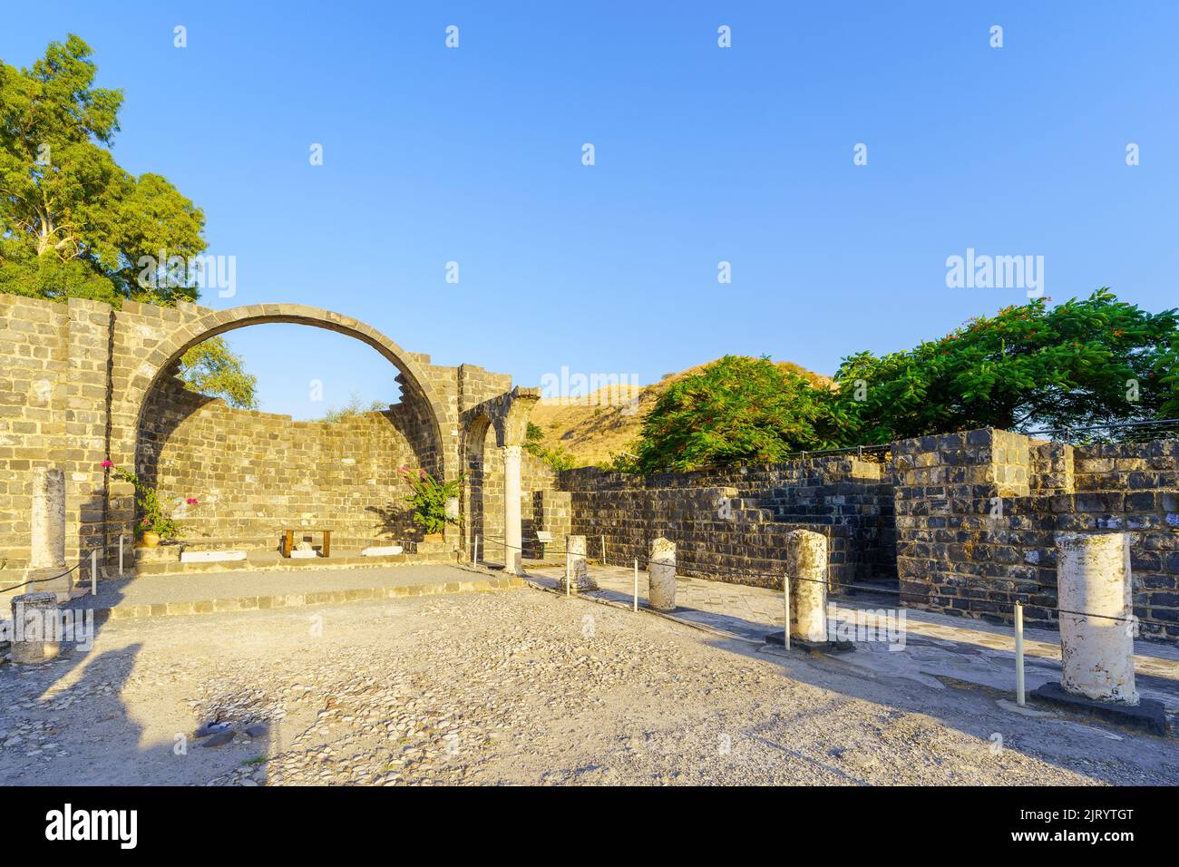 View of ruins of the Byzantine monastery and church, in Kursi National Park, traditionally the site of the Miracle of the Swine. Northern Israel Stock Photo