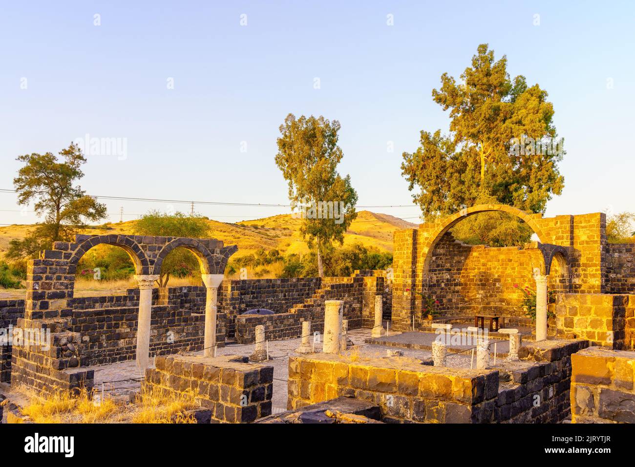 View of ruins of the Byzantine monastery and church, in Kursi National Park, traditionally the site of the Miracle of the Swine. Northern Israel Stock Photo