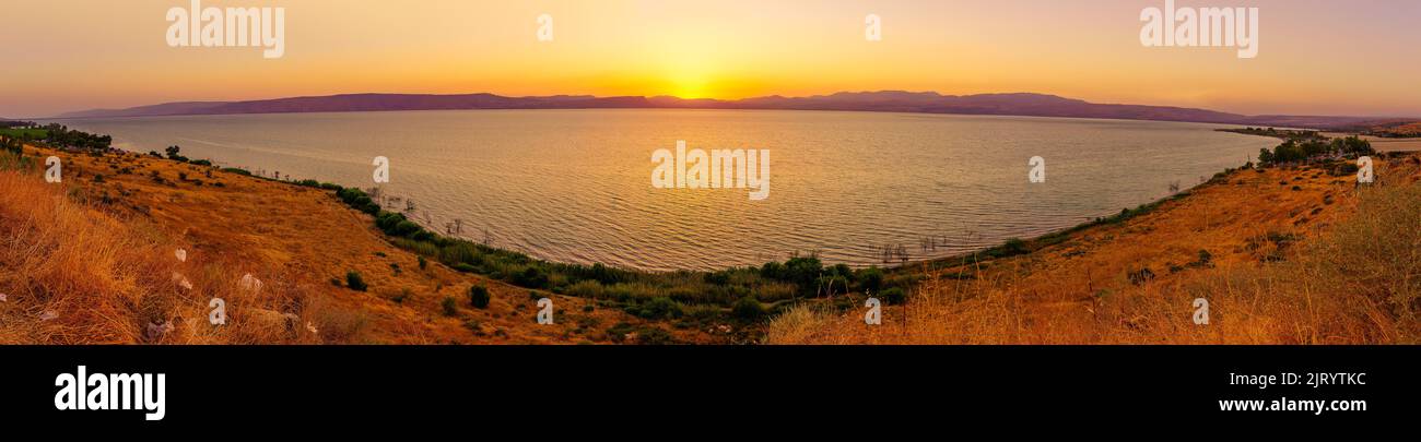 Panoramic sunset view of the Sea of Galilee, viewed from Nukeib Lookout, Northern Israel Stock Photo