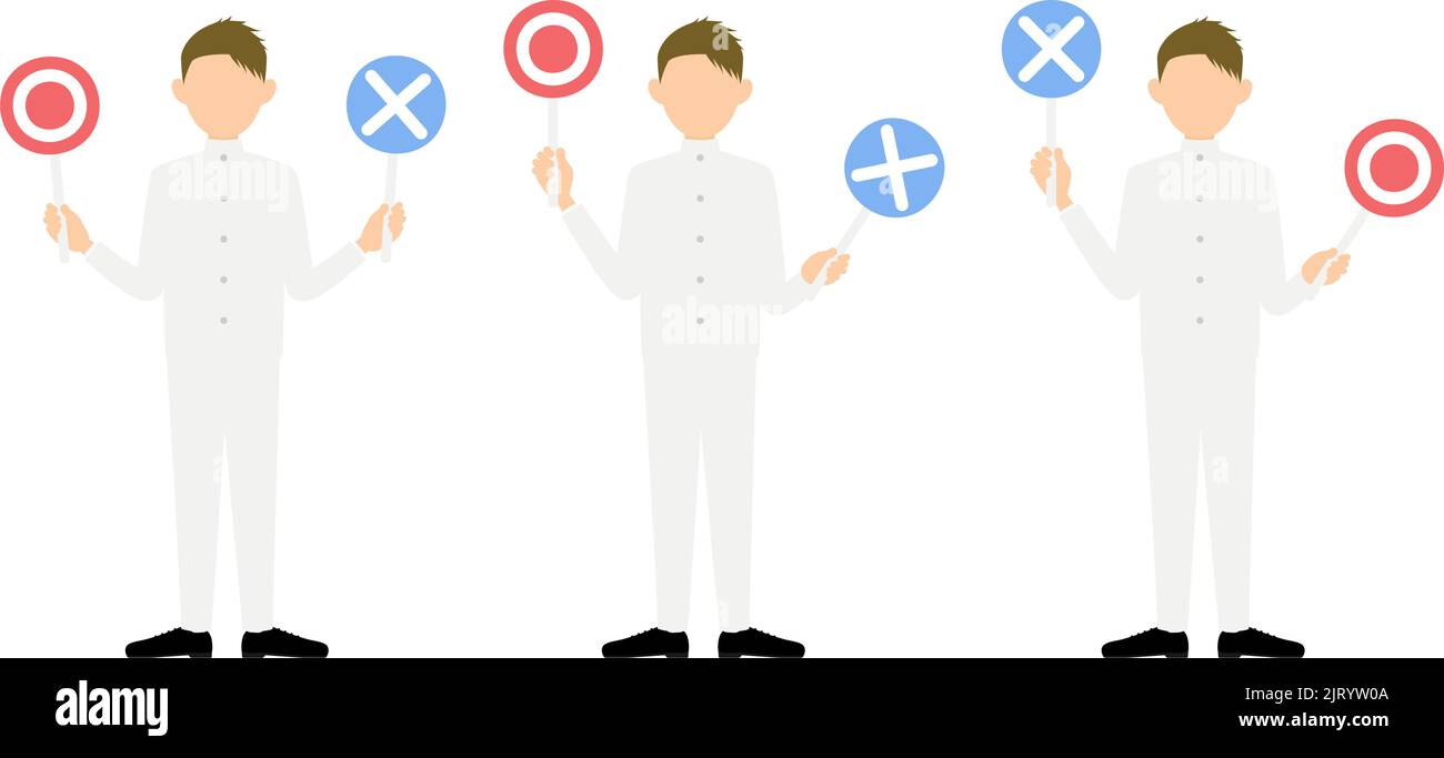 Set of a male student in white school uniform answering a question with