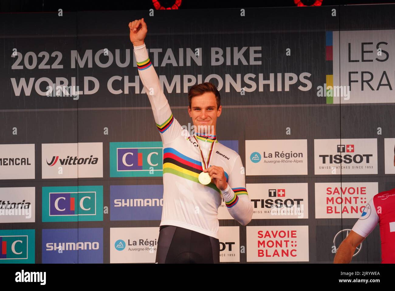 Les Gets, France. 26th Aug, 2022. GAZE Samuel Winners podium in UCI
