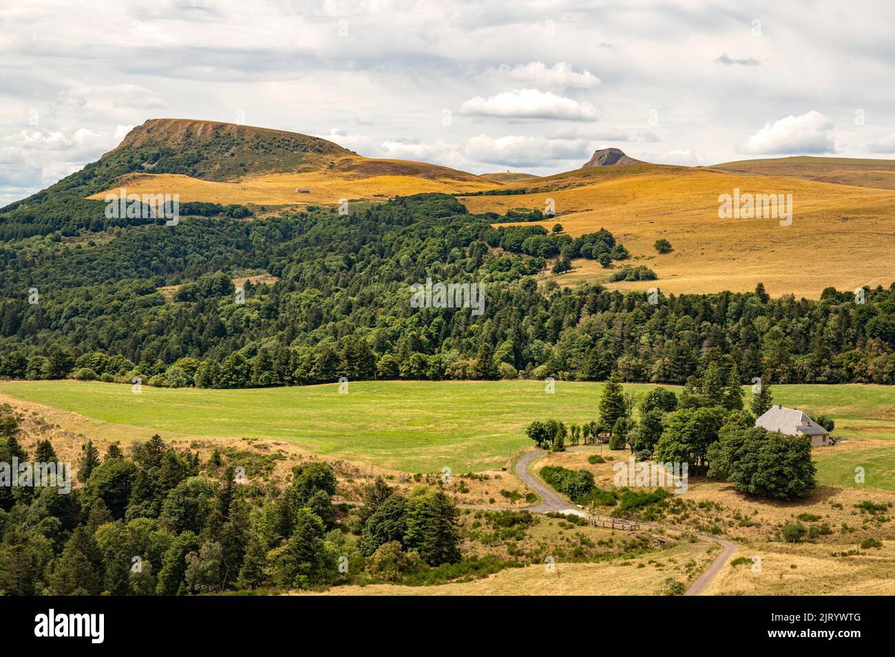 The Auvergne landscape near Mont-Dore seen from the departement road D 996 Stock Photo