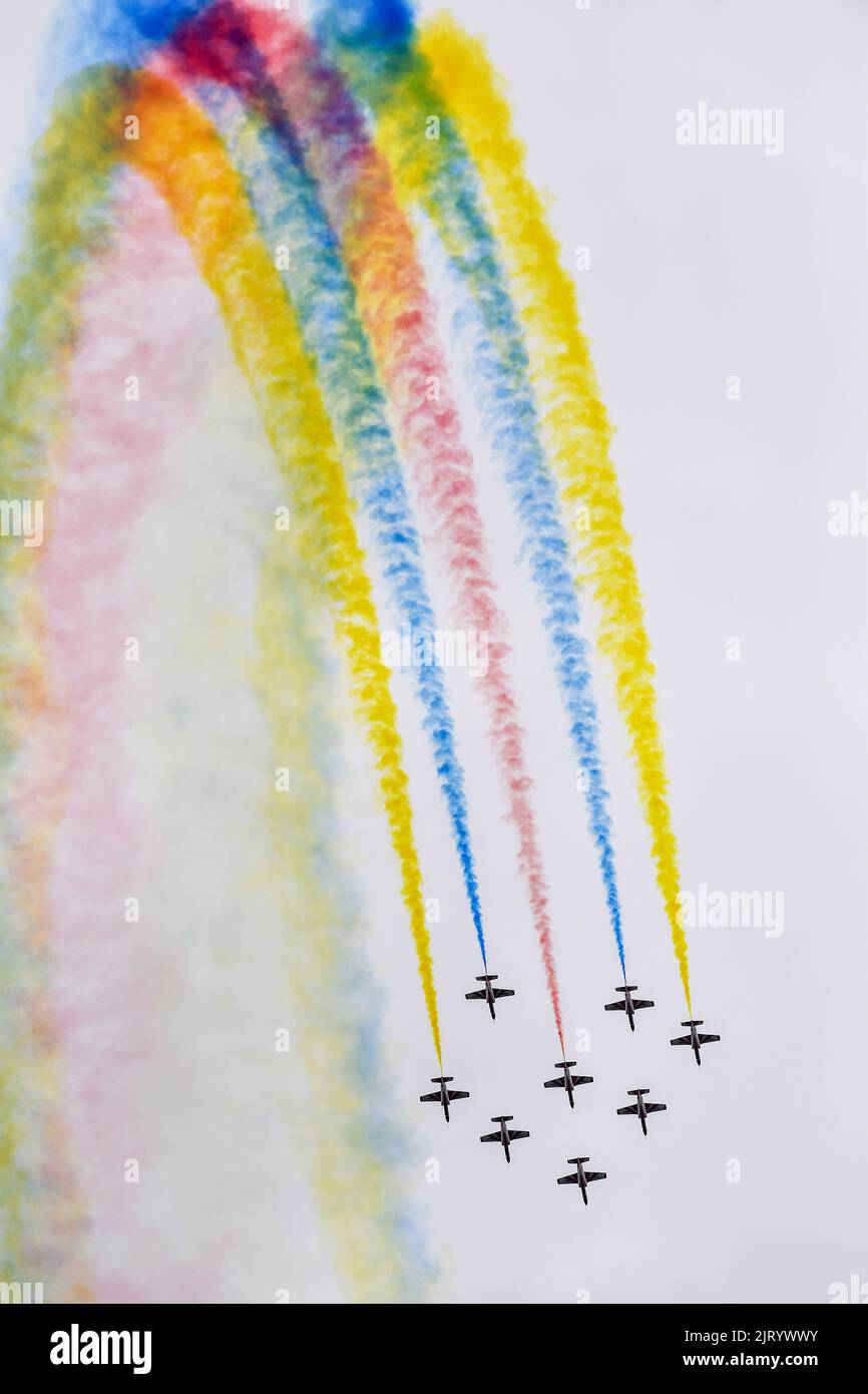 Changchun, China's Jilin Province. 26th Aug, 2022. China's Red Falcon Air Demonstration Team performs during the Changchun Air Show in Changchun, northeast China's Jilin Province, Aug. 26, 2022. Credit: Zhang Nan/Xinhua/Alamy Live News Stock Photo
