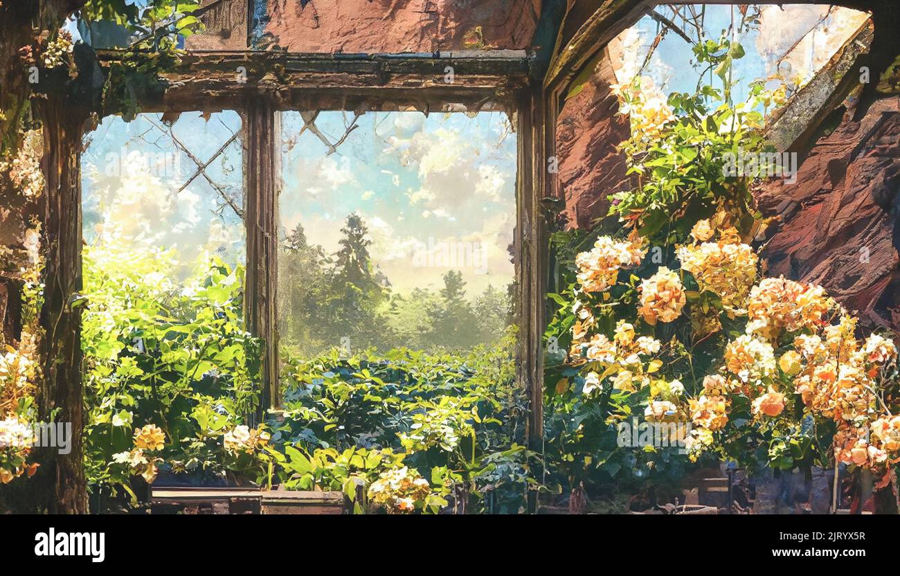 3D render the cottage window outside the garden courtyard has vines and ivy growing up the wall. Beautiful garden wallpaper Stock Photo