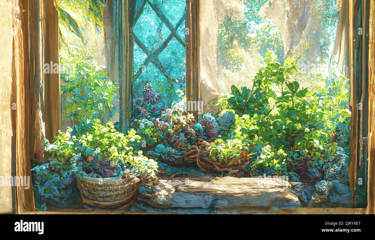3D render the cottage window outside the garden courtyard has vines and ivy growing up the wall. Beautiful garden wallpaper Stock Photo
