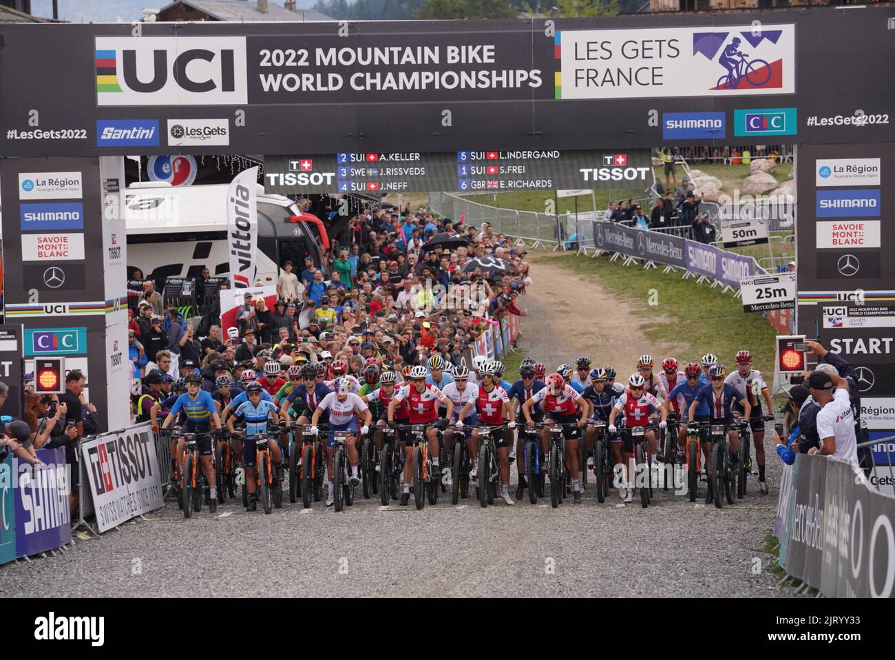 Start race during UCI Mountain Bike World Championships in Les Gets