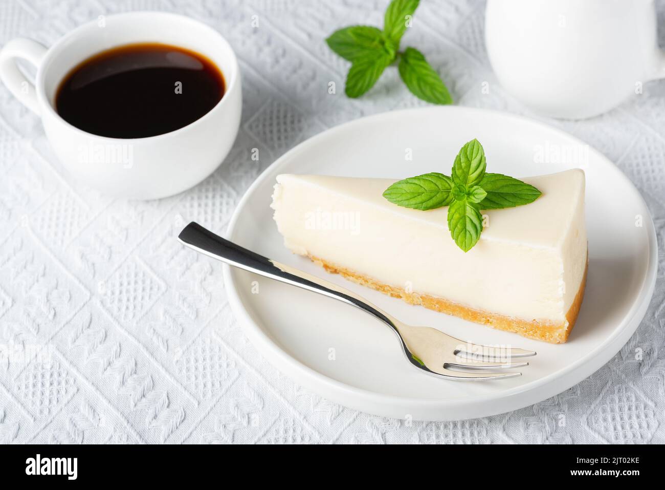 Classical New York Style Cheesecake And Coffee On Table. Side View ...