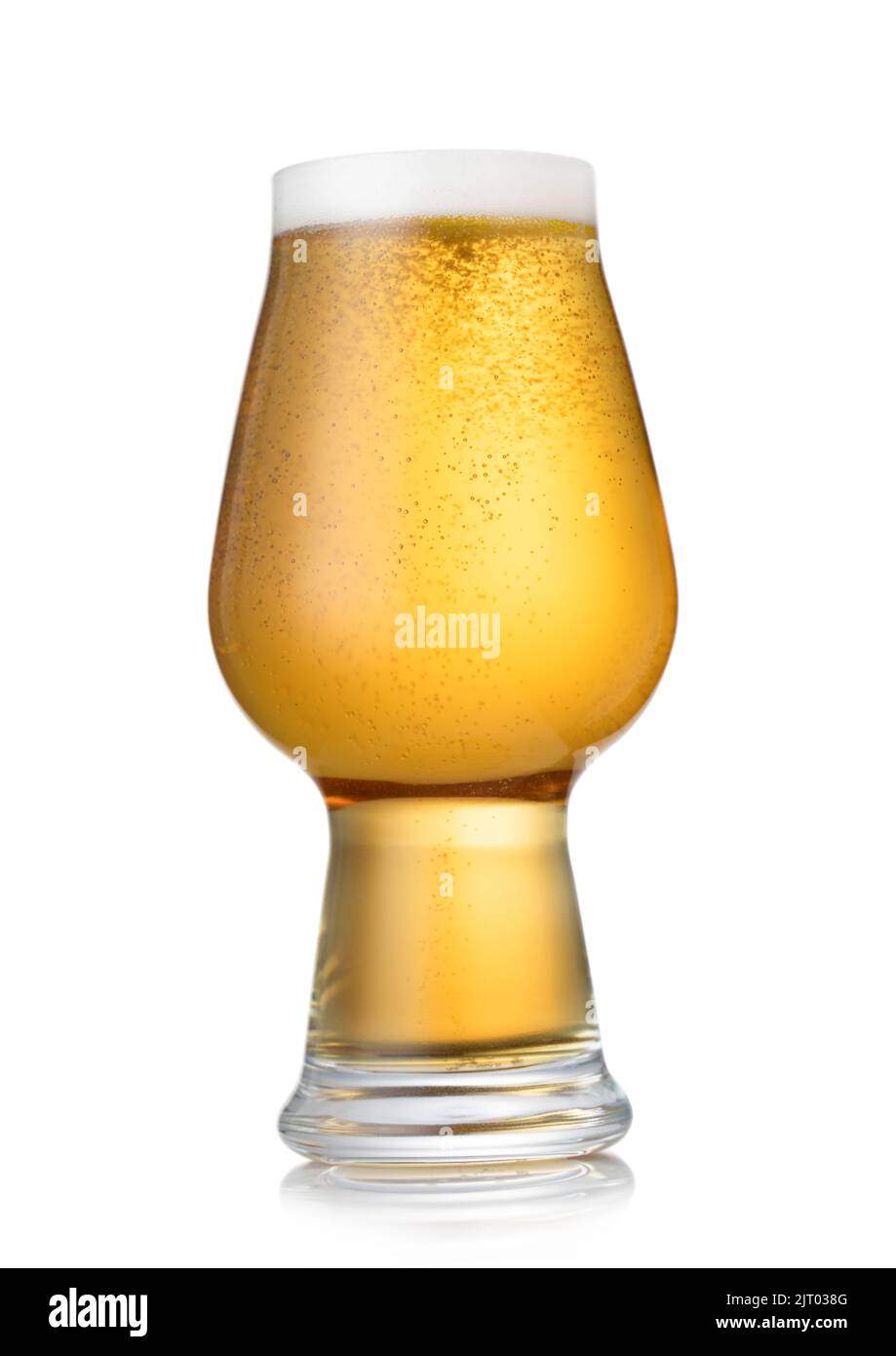 Glass of lager ipa craft preium beer with foam on white. Stock Photo