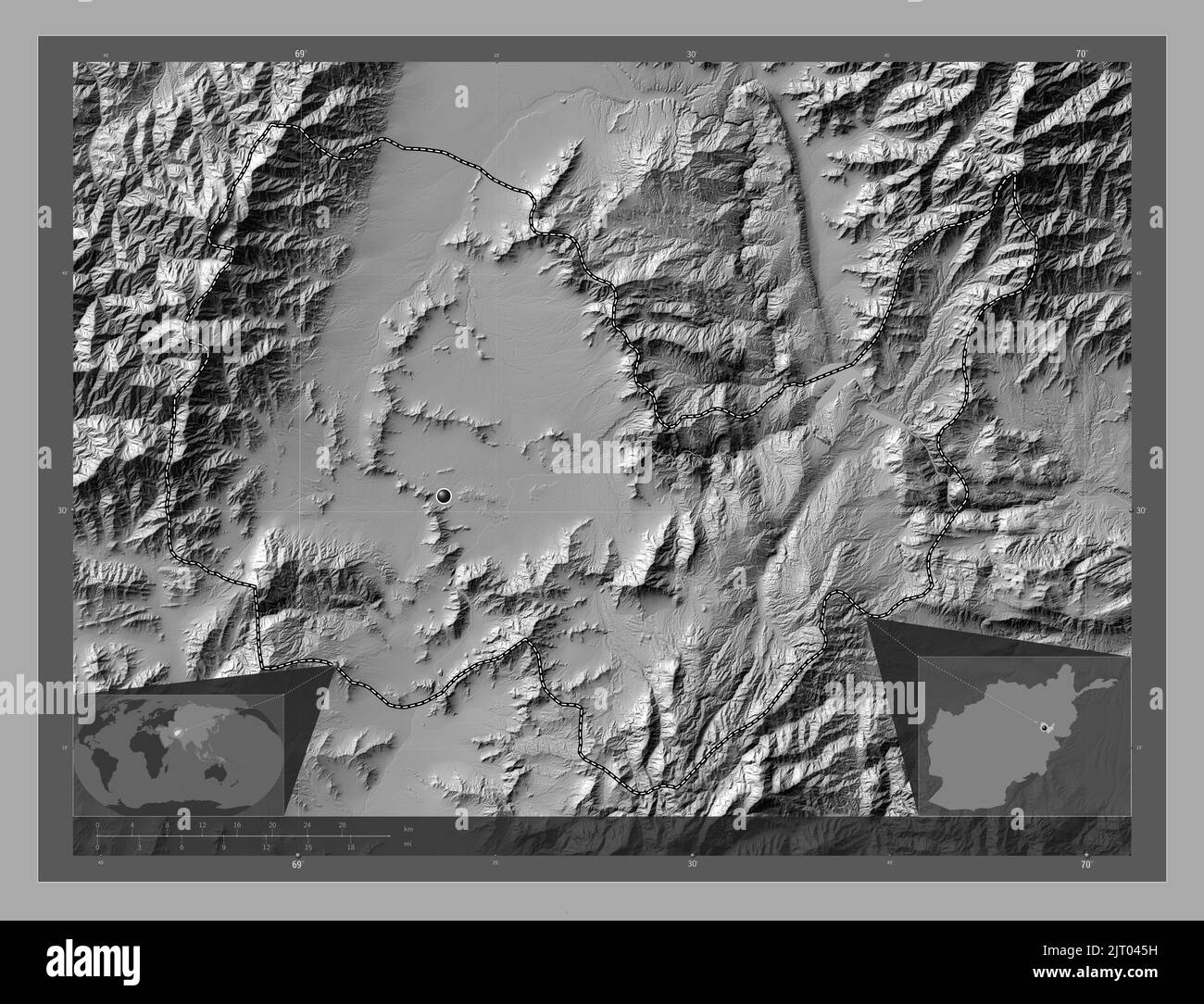 Kabul, province of Afghanistan. Bilevel elevation map with lakes and rivers. Corner auxiliary location maps Stock Photo