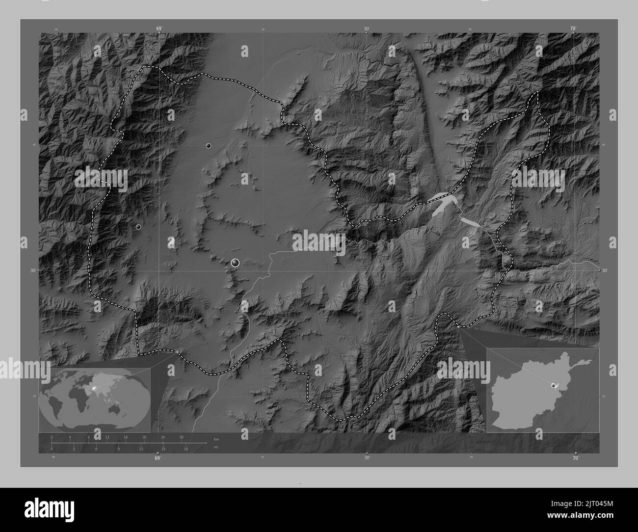Kabul, province of Afghanistan. Grayscale elevation map with lakes and rivers. Locations of major cities of the region. Corner auxiliary location maps Stock Photo