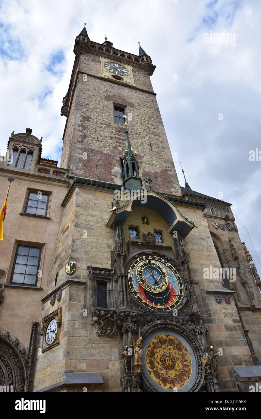 Astronomic clock tower in the middle of Prague Stock Photo