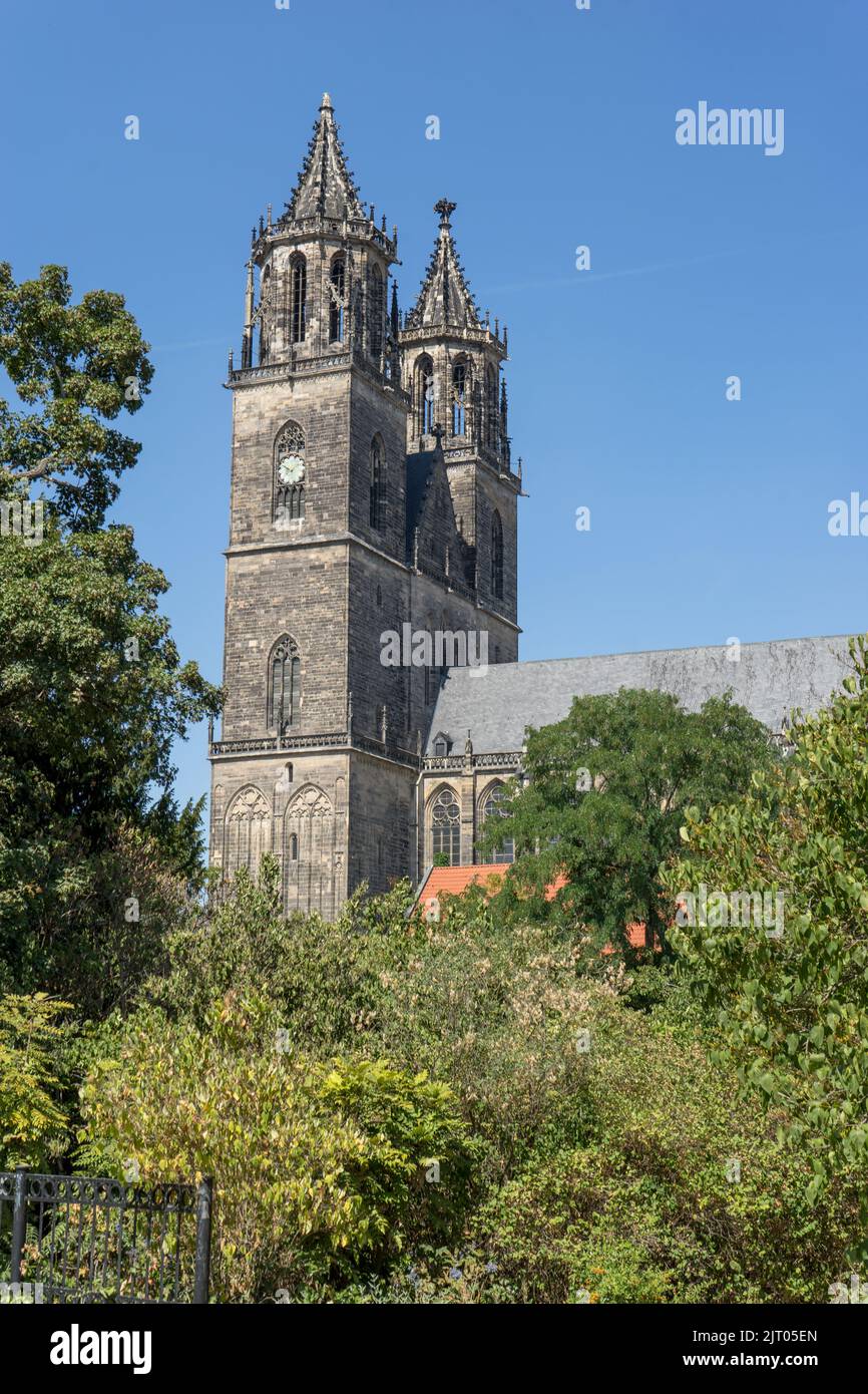 Gothic towers of the cathedral in Magdeburg, Saxony-Anhalt, Germany Stock Photo