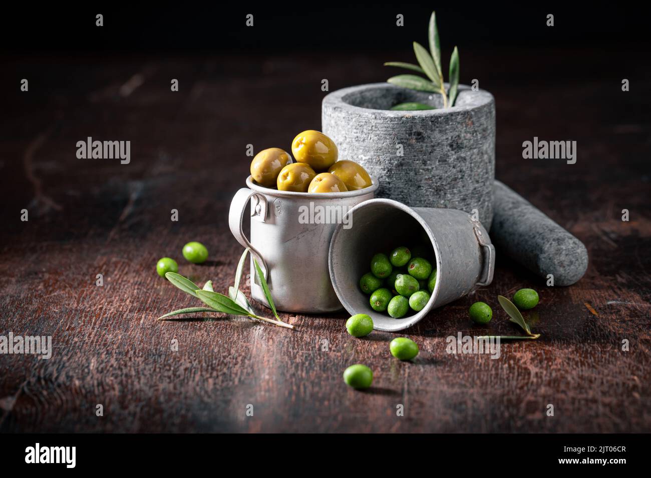 Green and tasty olives and aromatic olive oil. Products made of olives