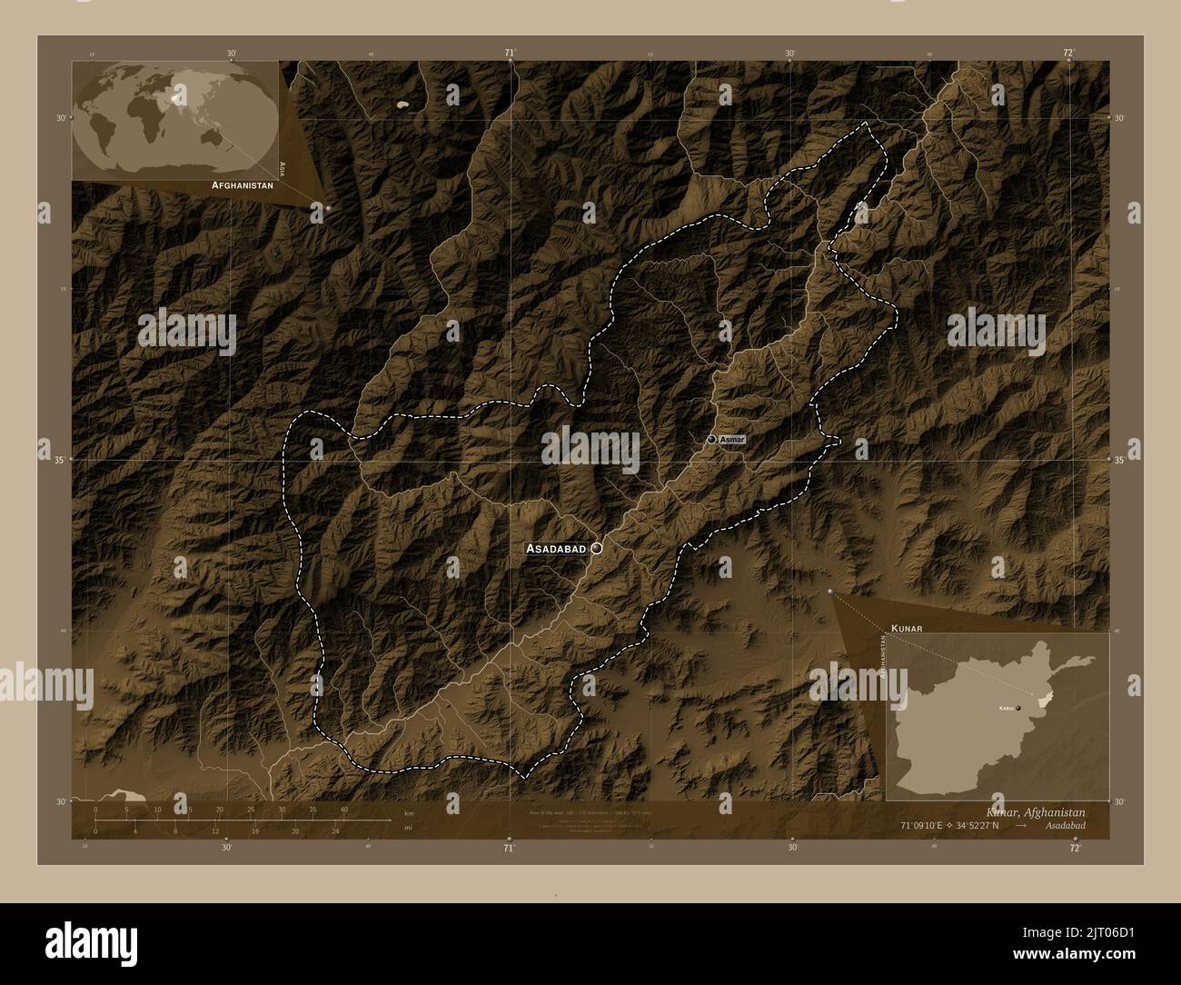Kunar, province of Afghanistan. Elevation map colored in sepia tones with lakes and rivers. Locations and names of major cities of the region. Corner Stock Photo