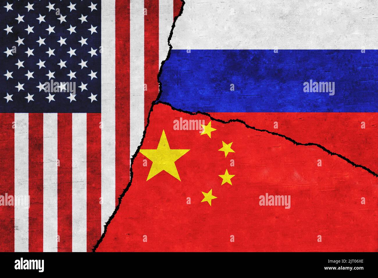 Usa Russia And China Painted Flags On A Wall With A Crack United Usa Russia And China Painted Flags On A Wall With A Crack United