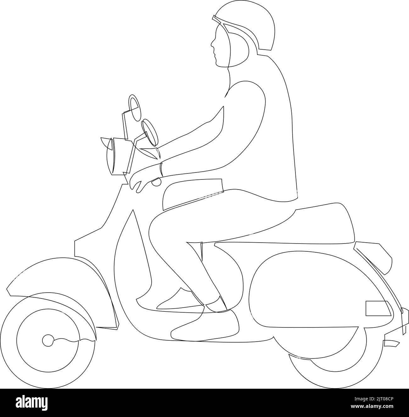 Person riding a retro motorcycle continuous line drawing. Vector illustration Stock Vector