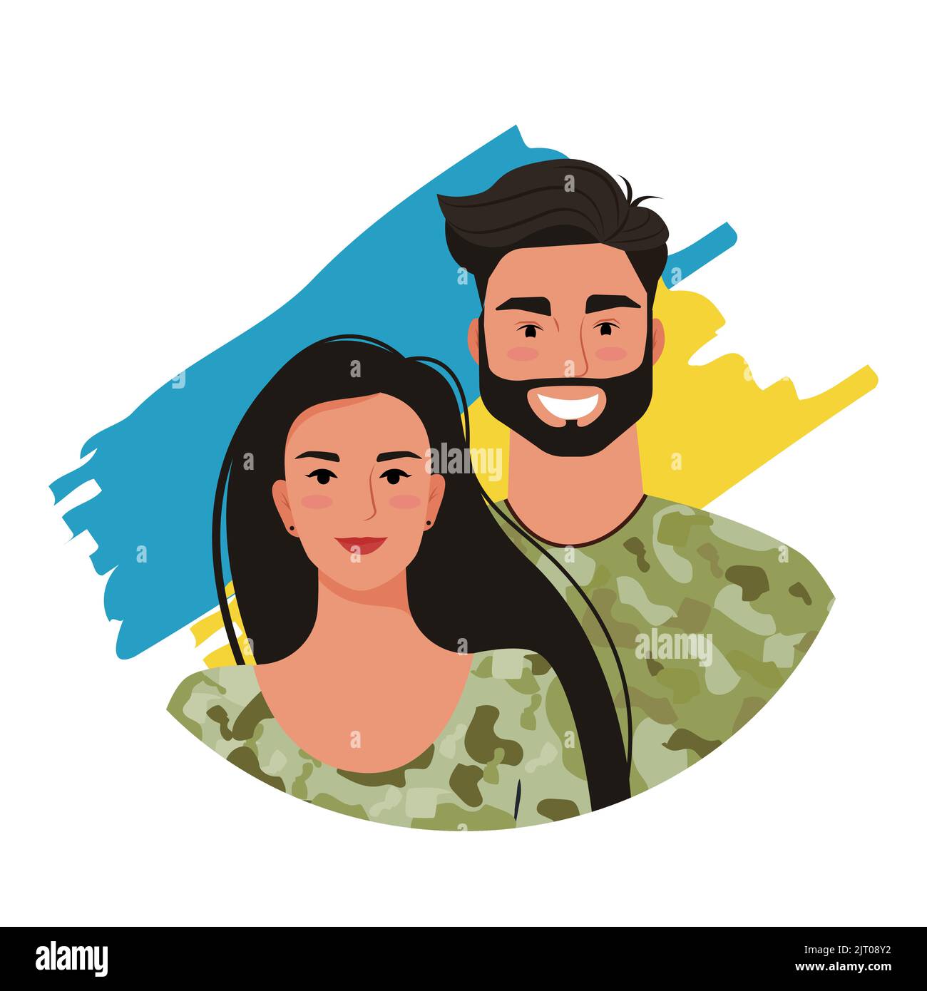 A young couple of Ukrainian soldiers. Portrait of a woman and a man in military clothes. Vector illustration Stock Vector