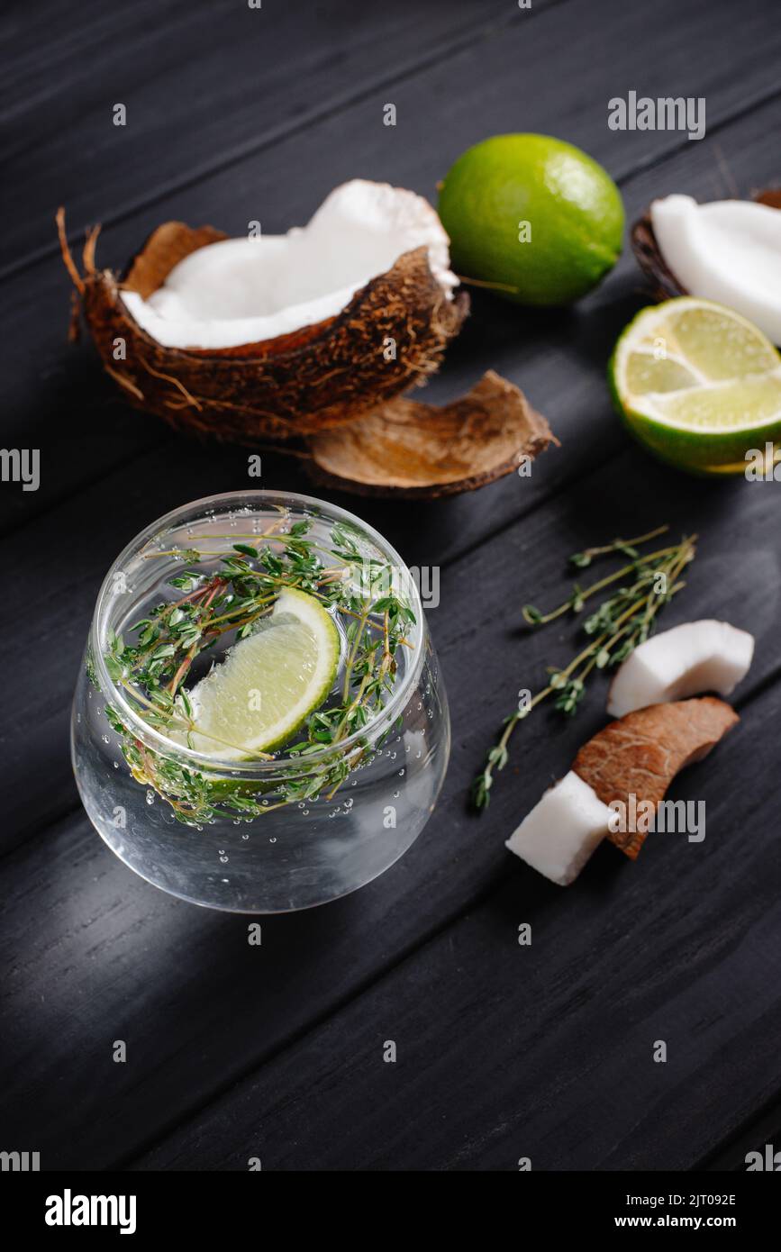 hard seltzer with coconut on a dark background Stock Photo