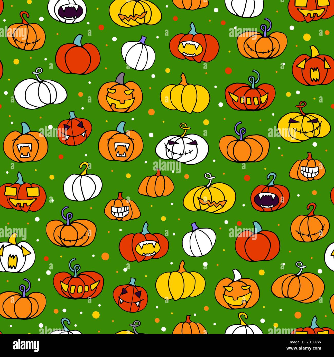 Seamless halloween scary orange pumpkin pattern. Funny, creepy, smiling face on green dot backgrounds. Doodle Autumn character. Happy Halloween symbol Stock Vector