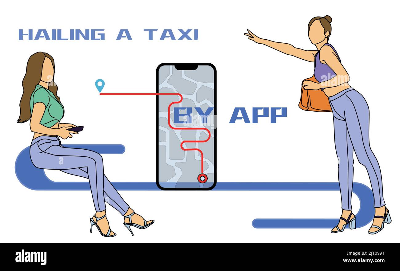The woman hailing a taxi while the other one uses her smartphone to order Stock Vector