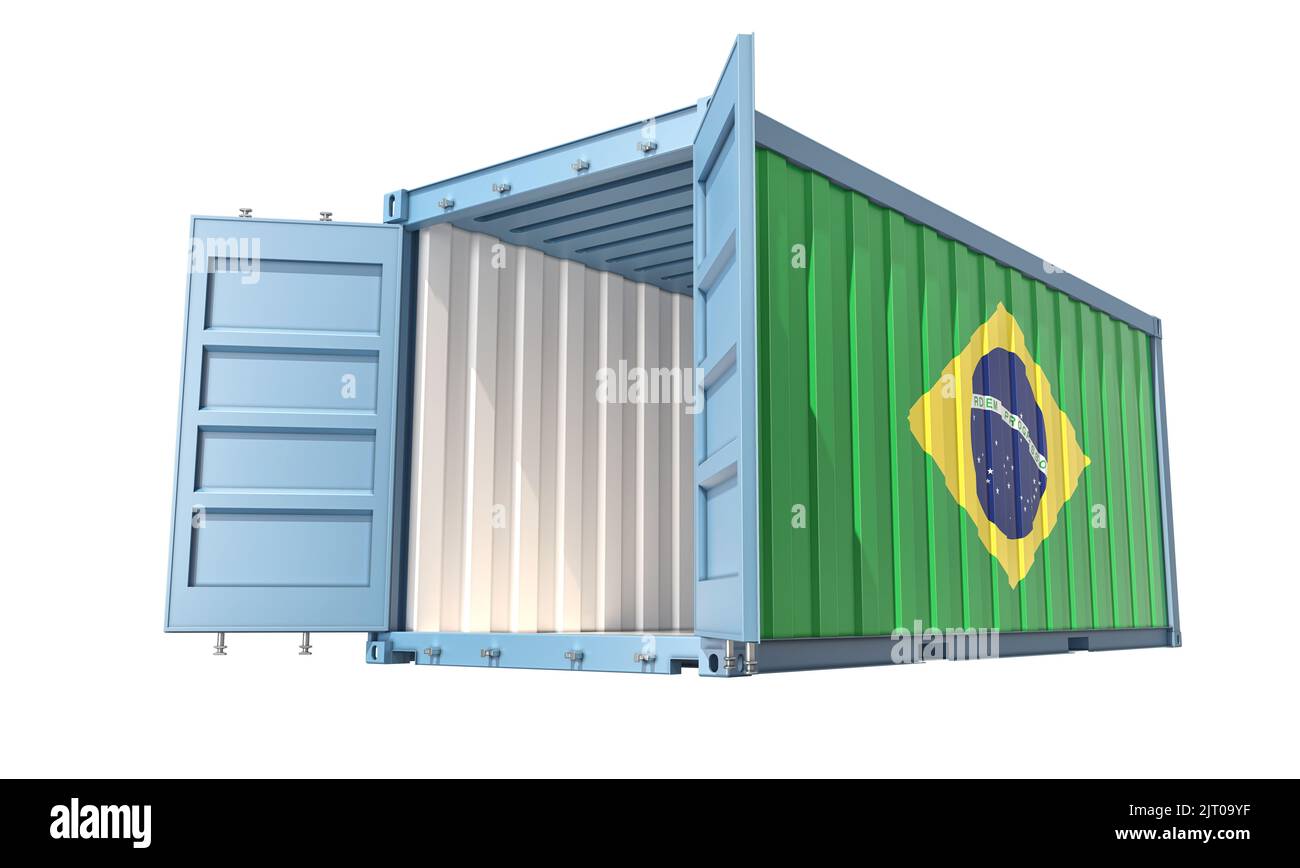 Cargo Container with open doors and Brazil national flag design. 3D ...