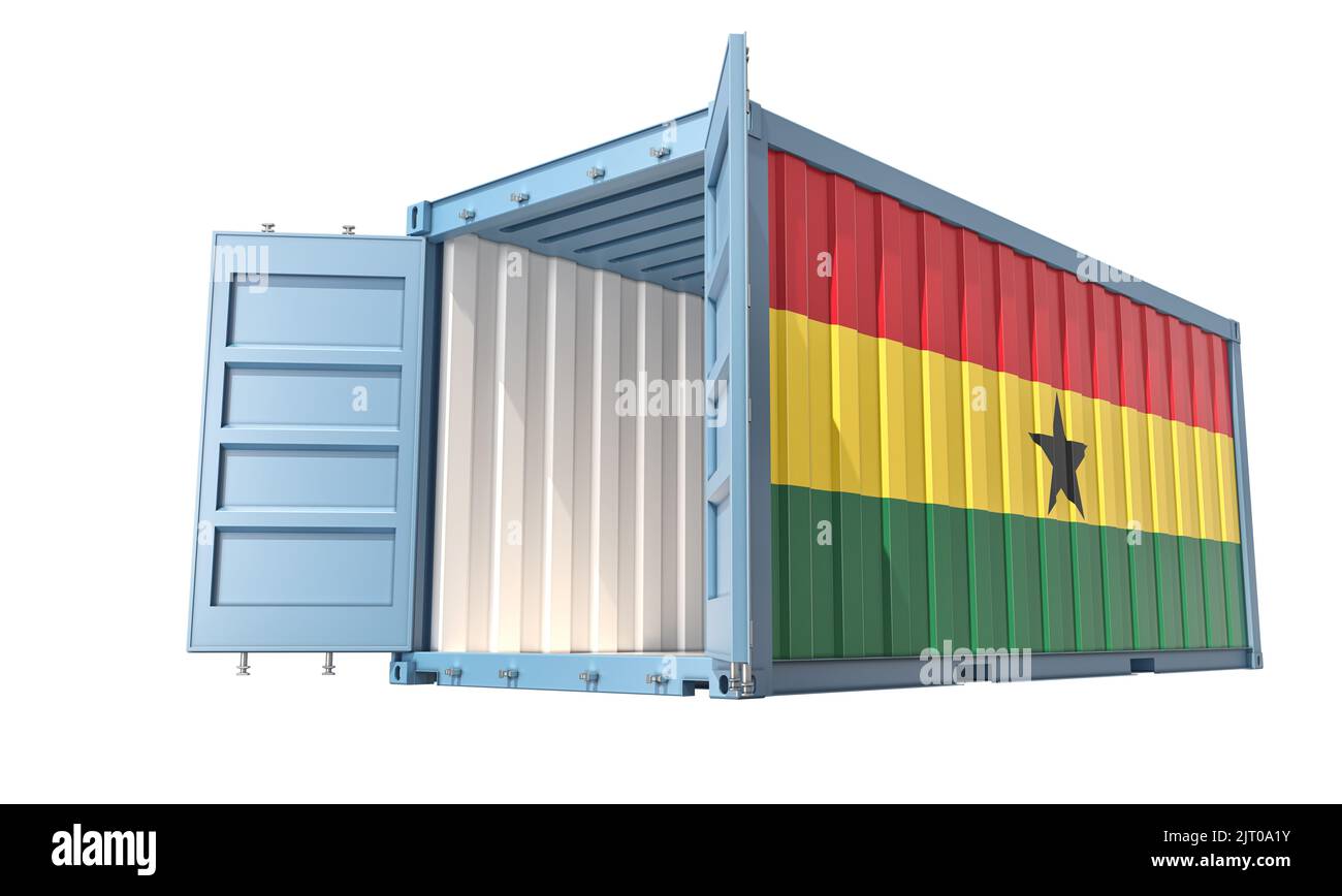 Cargo Container with open doors and Ghana national flag design. 3D