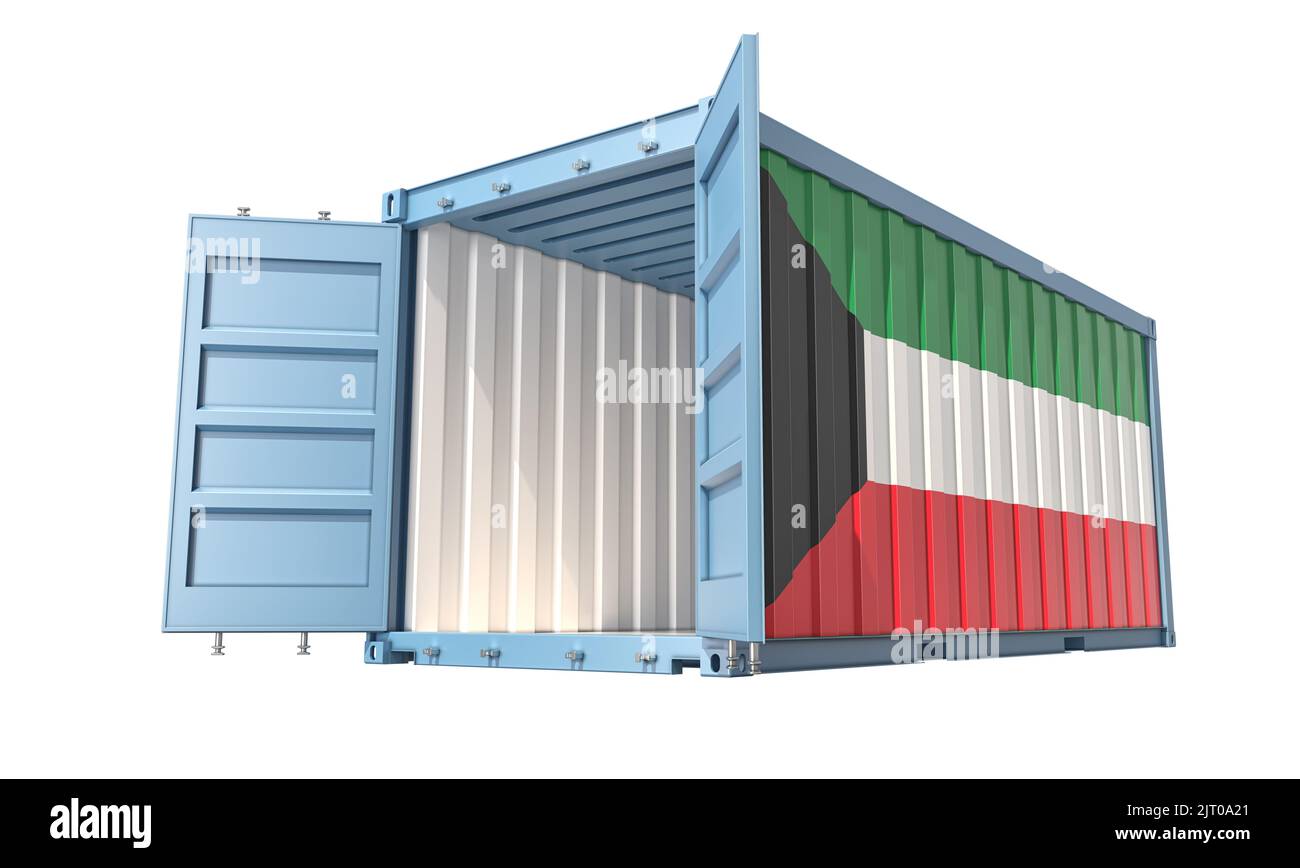 Cargo Container with open doors and Kuwait national flag design. 3D