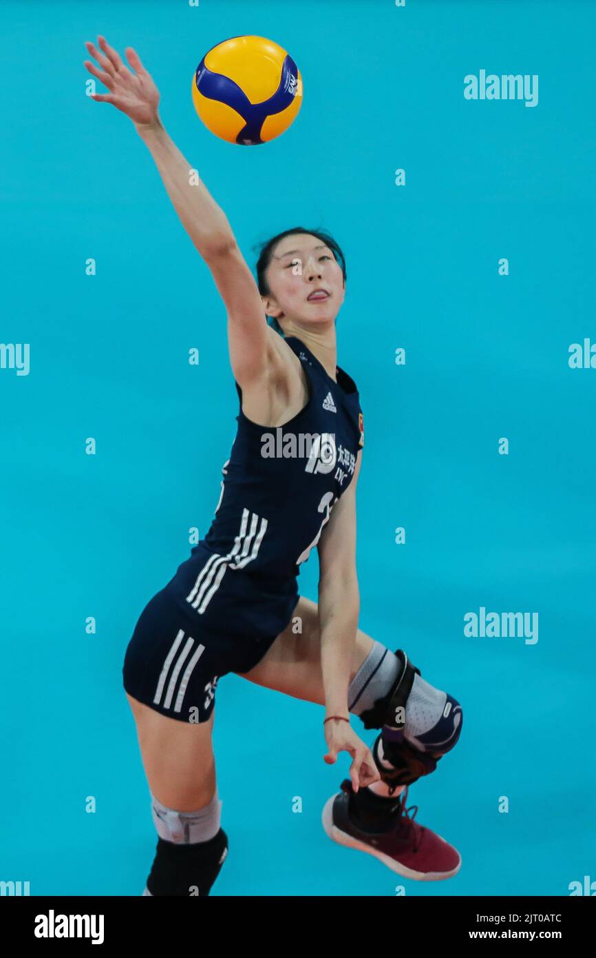 Pasig City, Philippines. 27th Aug, 2022. Wu Mengjie of China spikes ...