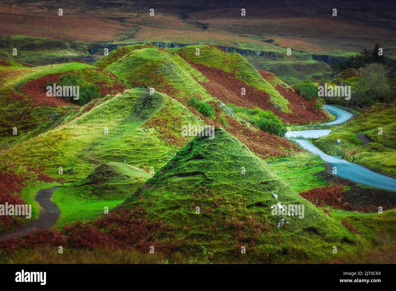 Fairy Glen on Isle of Skye, Scotland.Beautiful landscape scenery with green hills and some red ferns in the autumn. Stock Photo