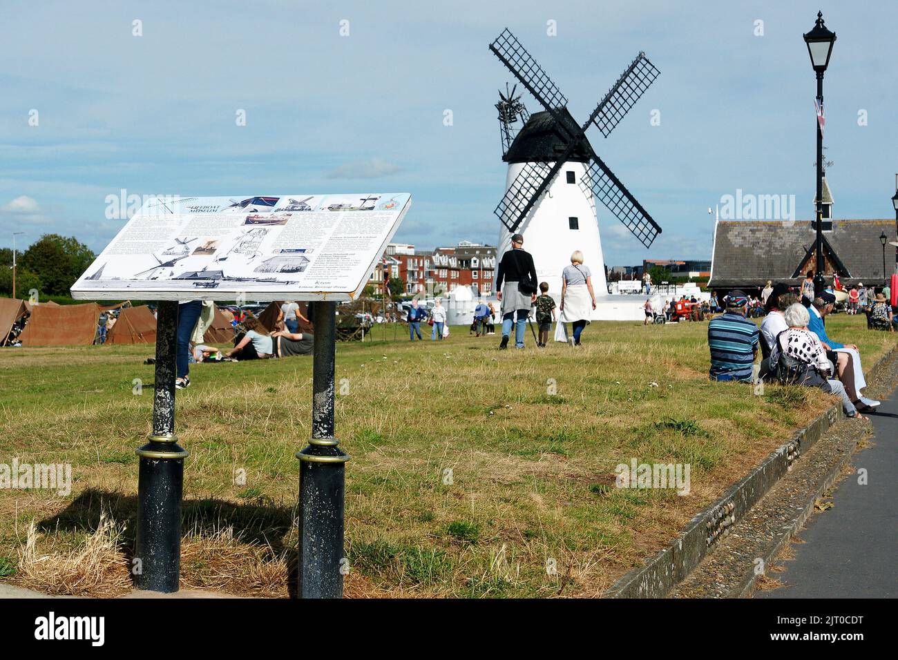 Information board and windmill on Lytham Green Stock Photo