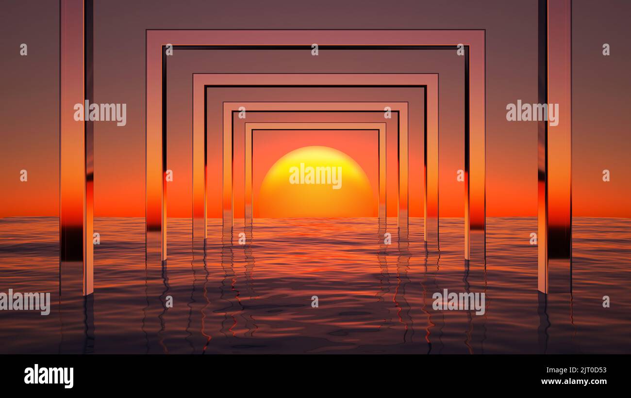 glossy rectangles in the sea at sunset. 3d rendering Stock Photo - Alamy
