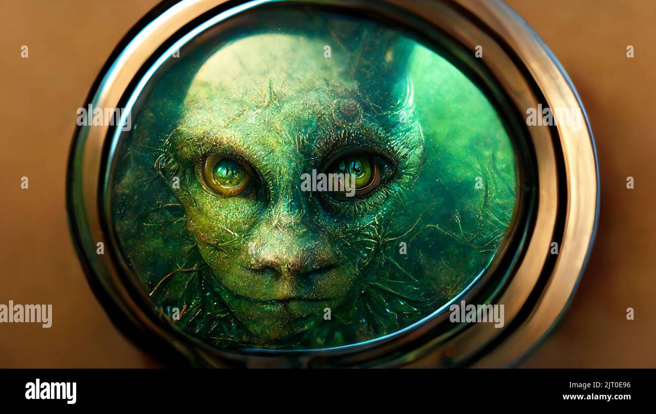 Computer-generated image of an alien looking through a spaceship porthole Stock Photo