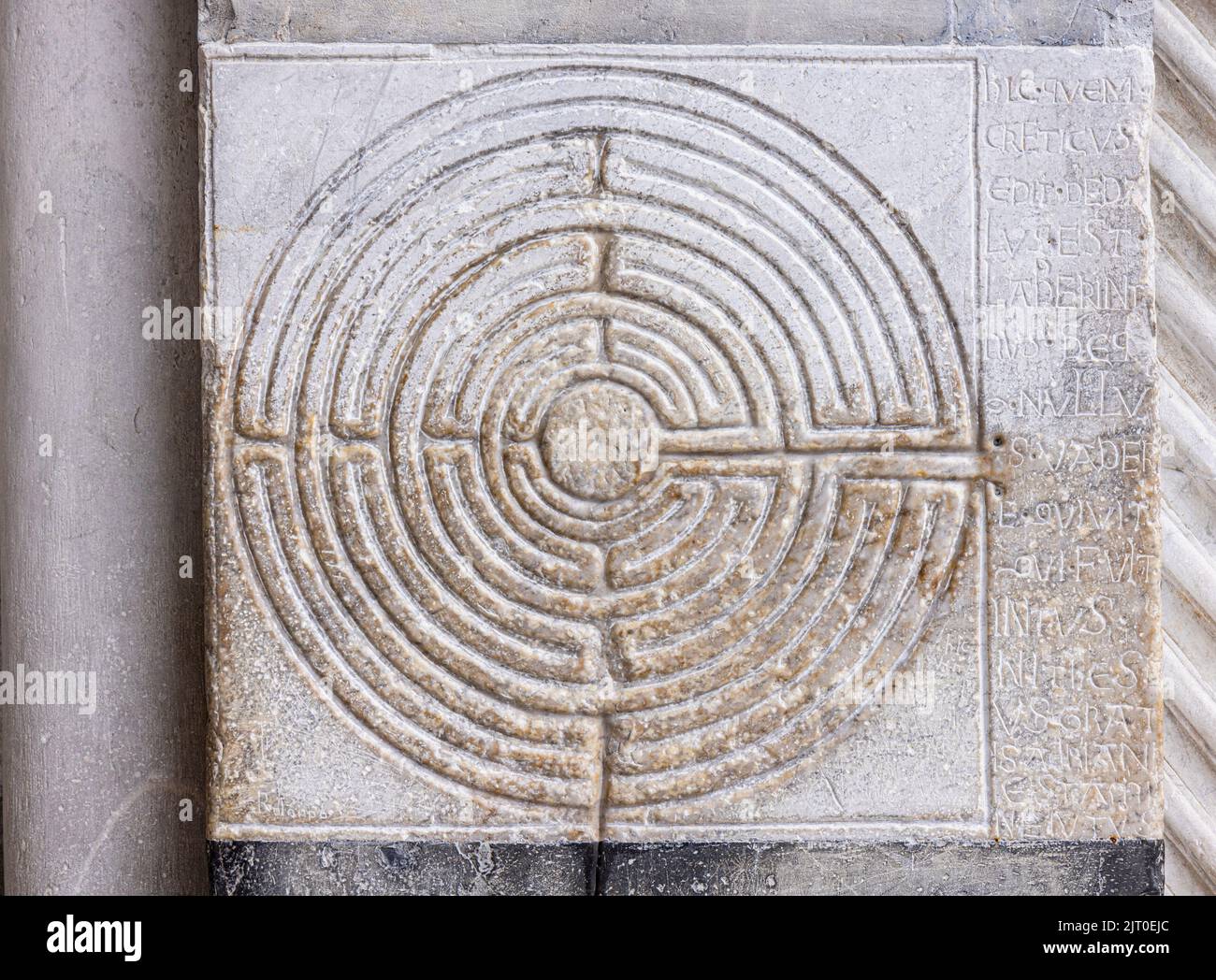 Labyrinth on cathedral portico. It is thought to date from the 12th or 13th century.  Duomo San Martino.  St. Martin's cathedral.  Lucca, Lucca Provin Stock Photo